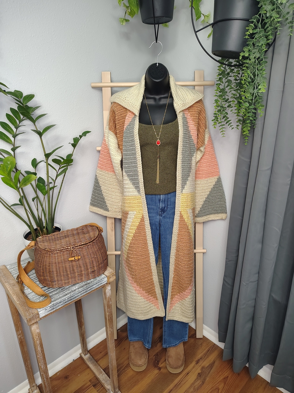 Banff Ltd. Knit Geometric Belted Cardigan Sweater Collared Women's, Size Large